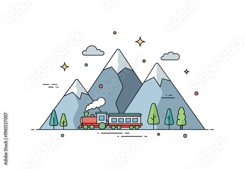 Little train mountain route miniature train moving between stylized mountain peaks while a few trees decorate the valley. Minimalist flat vector illustration,
