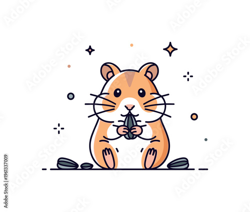 Tiny hamster sunflower seeds cute hamster sitting and nibbling on sunflower seeds with tiny decorative elements like sparkles or crumbs. Minimalist flat vector