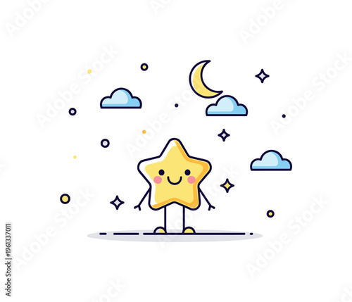 Cheerful star night illustration little star smiling brightly in a calm night sky with tiny sparkles and gentle cloud accents. Minimalist flat vector