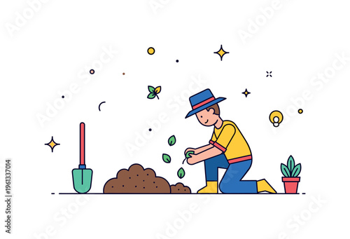 Tiny garden seed moment small gardener kneeling beside a soil patch while planting seeds carefully into the ground. Minimalist flat vector illustration,