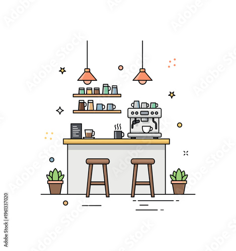 Mini coffee shop interior cozy small cafe interior with a tiny counter, coffee machine, and a couple of stools creating a warm welcoming coffee moment.