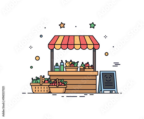 Tiny farmer stand scene adorable small market stall with baskets of fresh produce and a friendly vendor sign. Minimalist flat vector illustration, compact