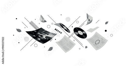 floating album pages with spring leaves, scattered circles diagonal lines and geometric fragments suggesting airy motion, black and white album pages drifting