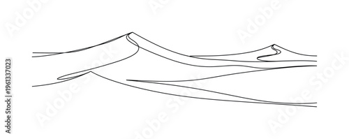 Quiet Desert Horizon. Minimalistic one-line drawing layered dune arcs forming peaceful desert landscape scene, continuous single black line on white