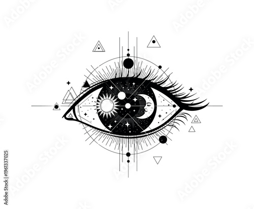 open eye containing sun moon and stars, circular halos thin vertical lines and abstract shapes creating mystical symbolism, black and white surreal eye with