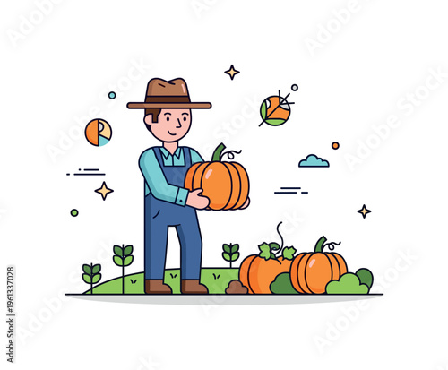 Little farmer produce stand friendly small market stall with colorful fruits and vegetables displayed under a simple awning. Minimalist flat vector