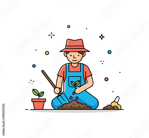 Gardener sowing seeds adorable gardener planting seeds in a tiny garden bed suggesting care and new growth. Minimalist flat vector illustration, compact