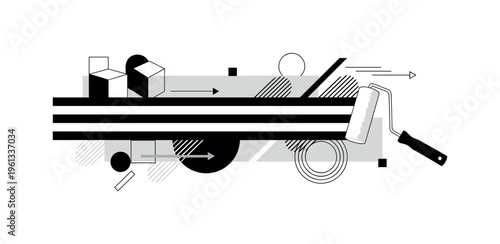 paint roller leaving stripe, geometric blocks circles and diagonal lines emphasizing motion and direction, black and white roller tool creating bold stripe