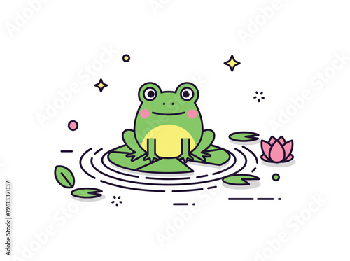 Mini frog water scene playful little frog sitting on a lily pad with small floating leaves and subtle decorative ripples. Minimalist flat vector illustration,