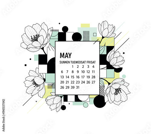 may calendar page with blooming flowers, geometric blocks circles and thin diagonal lines structuring bright spring layout, black and white may calendar sheet