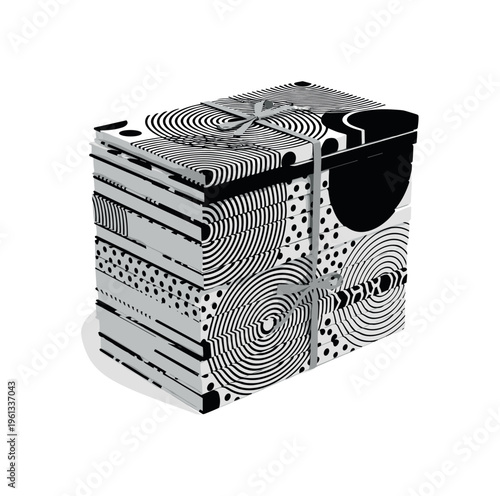 stack of sketchbooks tied with ribbon, concentric circles abstract lines and geometric dots structuring neat vertical composition, black and white retro