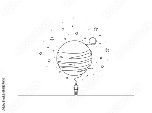 Scale of Existence. Minimalistic one-line drawing tiny human figure beneath a large planet and stars symbolizing cosmic scale, continuous single black line on