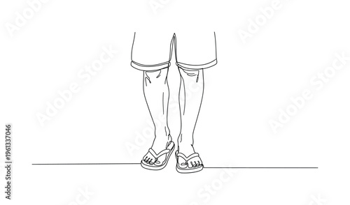Flip Flops Summer Scene. Minimalistic one-line drawing person casually standing in flip-flops with relaxed stance, continuous single black line on white