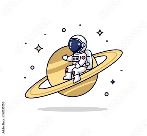 Mini cosmic Saturn astronaut charming astronaut sitting on Saturn?s rings creating a whimsical dreamy space illustration. Minimalist flat vector illustration,