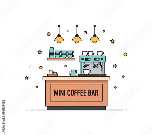 Mini coffee bar scene tiny cafe interior with a counter, espresso machine, and coffee cups neatly arranged for a welcoming coffee moment. Minimalist flat