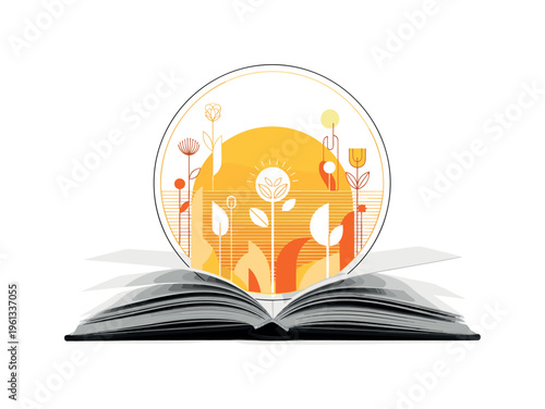 photo album with sun rising from pages, large circular halo thin horizontal lines and abstract shapes forming hopeful spring symbol, black and white album