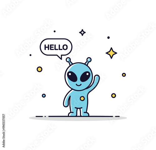 Little alien saying hello small alien raising its hand in a cheerful wave while tiny stars decorate the playful space scene. Minimalist flat vector