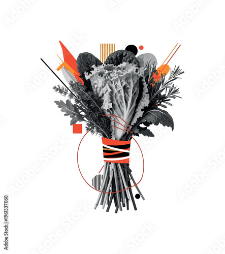 organic leafy greens bundle with geometric circles abstract shapes and lines, black and white lettuce kale and herbs tied together with layered collage cut-out