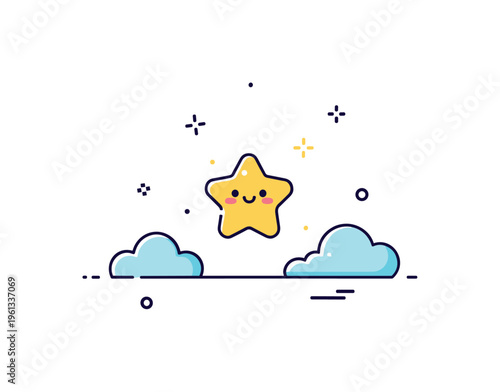 Cute smiling star tiny star glowing brightly with a happy face surrounded by subtle decorative sparkles in a playful sky. Minimalist flat vector illustration,