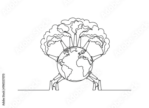 Worldwide Pollution Symbol. Minimalistic one-line drawing earth encircled by factory chimneys emitting smoke lines, continuous single black line on white