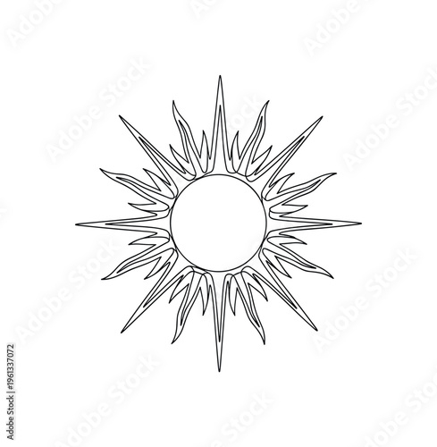 Sacred Sun Motif. Minimalistic one-line drawing circular sun with symmetrical ray pattern forming symbolic motif, continuous single black line on white
