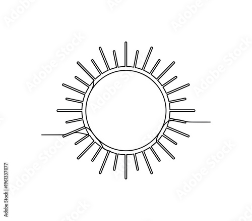Sacred Solar Motif. Minimalistic one-line drawing circular sun with balanced ray pattern forming a symbolic solar motif, continuous single black line on white