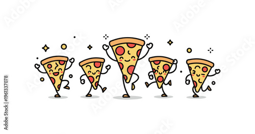 Pizza slice dance crew charming pizza slice characters with smiling faces dancing like a fun food mascot group. Minimalist flat vector illustration, compact