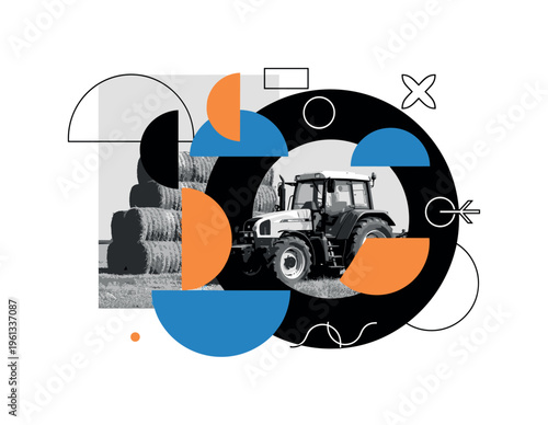 tractor and hay bales field with geometric circles semicircles and symbolic shapes, black and white tractor beside stacked hay bales in countryside field with