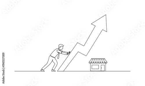 Startup Growth Journey. Minimalistic one-line drawing entrepreneur pushing upward arrow beside small store representing business growth challenges, continuous
