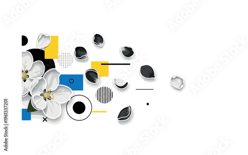 apple tree petals falling with abstract geometric blocks circles and lines, black and white apple blossom petals drifting in spring air with white outline