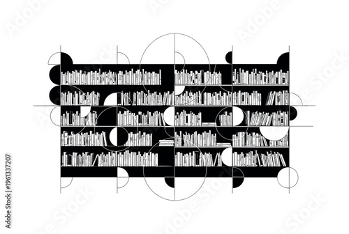 vintage library bookshelf wall, geometric circles semicircles and thin vertical lines structuring organized composition, black and white tall bookshelf filled