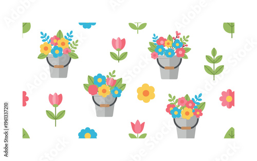 flower shop icons seamless pattern, repeating pattern, surface design, textile print, soft color palette, modern illustration, flat vector flower buckets,
