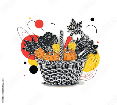 harvest vegetable basket scene with floating circles abstract shapes and lines, black and white wicker basket overflowing with garden vegetables with white