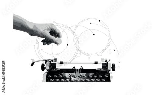 hand placing paper into typewriter, circular halos thin lines and abstract shapes emphasizing creative gesture, black and white vintage hand inserting blank