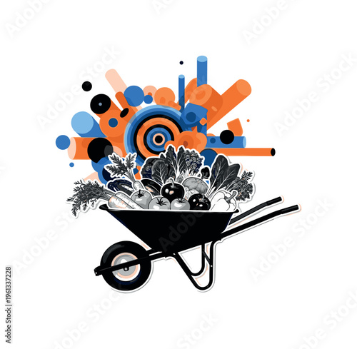 wheelbarrow harvest scene with layered circles cylinders and geometric shapes, black and white wheelbarrow full of mixed garden vegetables with collage cut-out