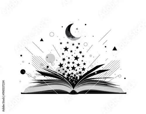 open book releasing stars and petals, scattered circles diagonal lines and geometric fragments suggesting imagination, black and white book with stars and