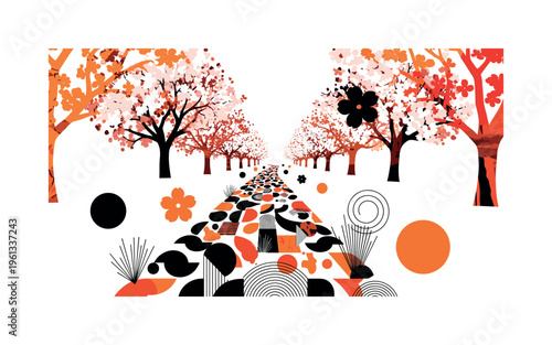 cherry blossom orchard path with geometric circles abstract shapes and lines, black and white path running through blooming orchard trees with layered collage