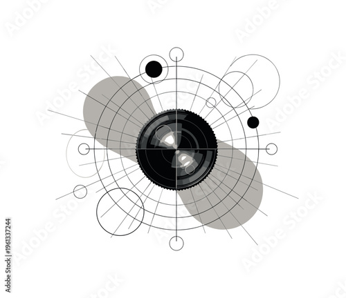 camera lens close-up, circular halos thin radial lines and abstract shapes emphasizing optical focus, black and white vintage lens surrounded by geometric