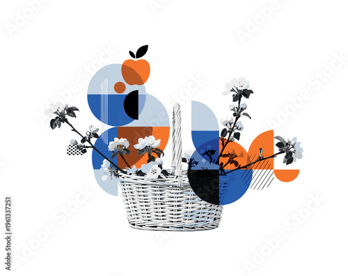 apple blossom basket composition with geometric circles semicircles and symbolic shapes, black and white basket filled with apple blossom branches with layered