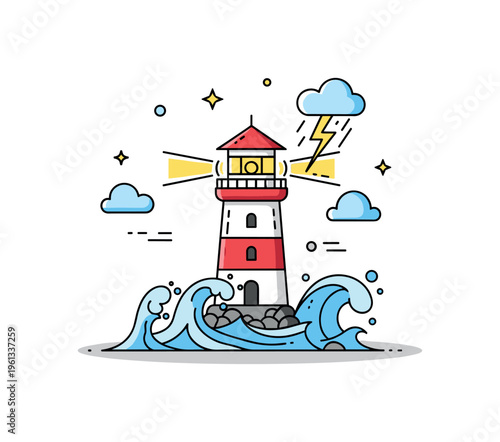 Little lighthouse weathering storm adorable small lighthouse standing strong against crashing waves with lightning or clouds enhancing the dramatic effect.