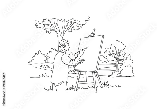 Outdoor Nature Painting. Minimalistic one-line drawing young painter holding brush while working on canvas placed on easel in a natural setting, continuous
