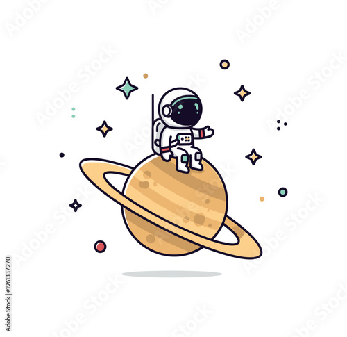 Tiny space explorer Saturn adorable astronaut perched on Saturn?s ring while small stars decorate the cosmic scene. Minimalist flat vector illustration,