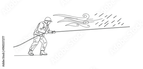 Storm Rescue Operation. Minimalistic one-line drawing rescue worker bracing against powerful wind while holding safety rope during storm conditions, continuous