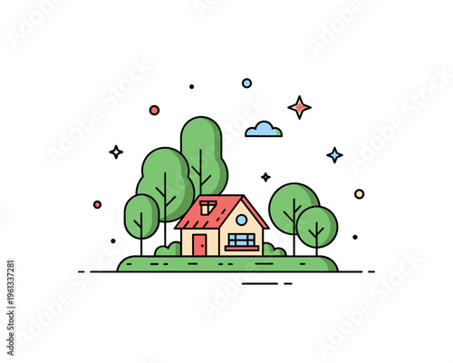 Mini cottage forest corner little cottage sitting in an open forest clearing with a few trees gently surrounding the space. Minimalist flat vector