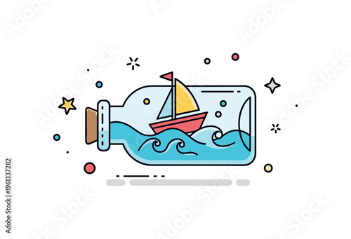 Boat sailing in a bottle tiny sailboat drifting inside a bottle with stylized waves and a peaceful nautical mood. Minimalist flat vector illustration, compact