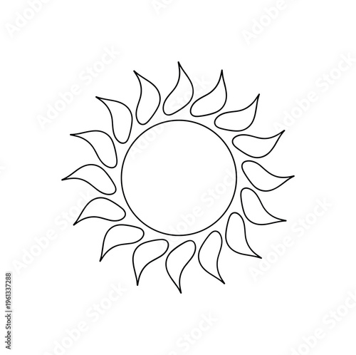 Abstract Sun Emblem. Minimalistic one-line drawing elegant sun circle with curved rays forming a balanced symbolic shape, continuous single black line on white