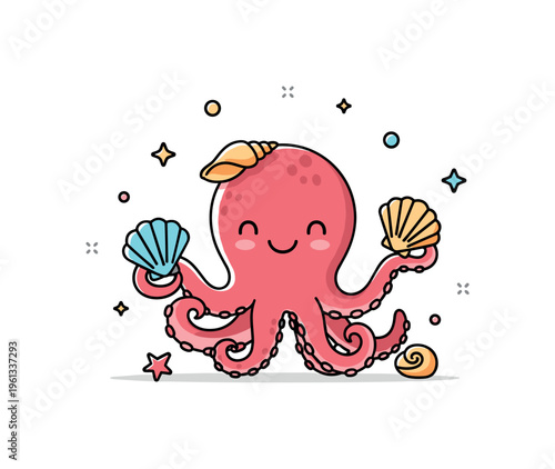Happy octopus with seashells adorable octopus smiling while carefully holding a few seashells like precious ocean finds. Minimalist flat vector illustration,