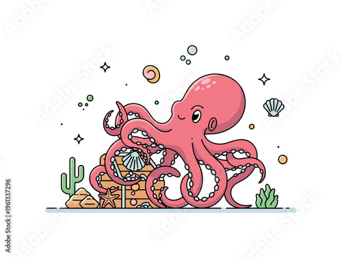 Octopus collecting seashells cheerful octopus gathering shells in its tentacles creating a sweet ocean treasure illustration. Minimalist flat vector