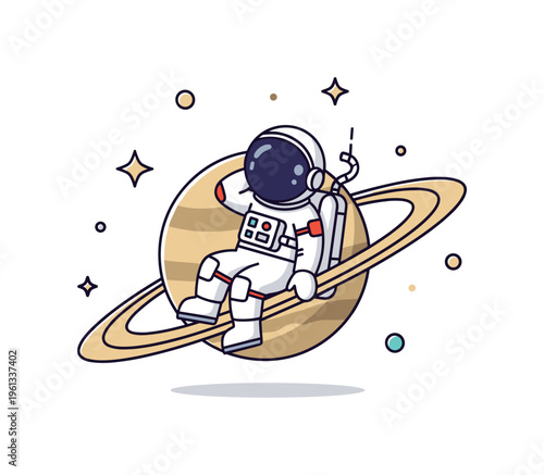 Astronaut resting on Saturn rings adorable astronaut sitting comfortably on the ring of Saturn while gazing into the starry space. Minimalist flat vector