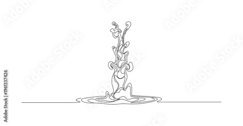 Ink in Water Motion. Minimalistic one-line drawing flowing organic ink plume spreading in water forming abstract fluid shapes, continuous single black line on